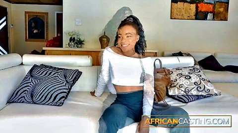 South African ebony beauty in off-shoulder top and pants for casting gig