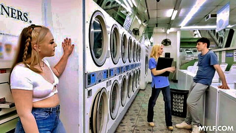 Christie Stevens in laundromat threesome with milf owner and her blonde daughter