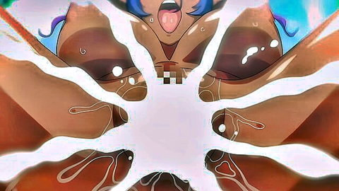 Dark-skinned blue-haired elf squirting in ecstasy, anime hentai scene