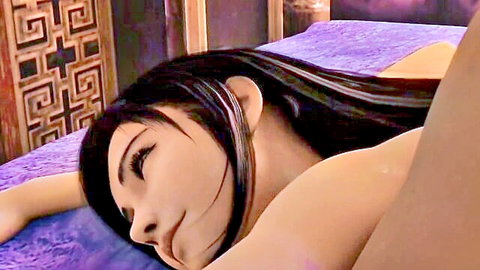 Tifa Lockhart nude side profile, lying seductively with long black hair