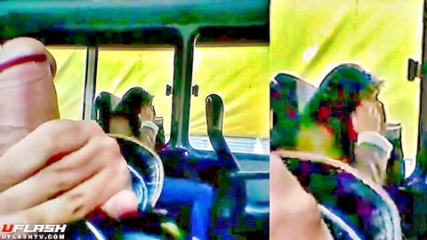 Amateur guy strokes his hard cock in bus seat with mirror reflection visible