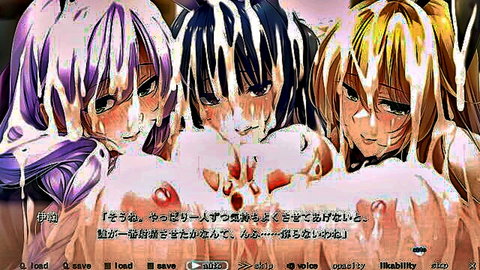 Three busty anime girls with cum on faces and tits pressing breasts together in hentai scene