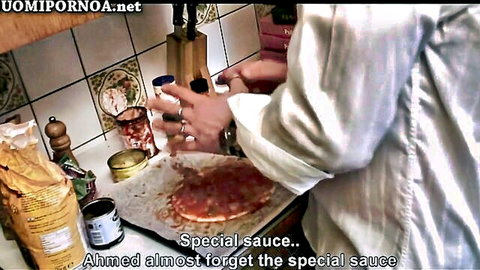 Ahmed adding special sauce to pizza in kitchen, Finnish adult video tease