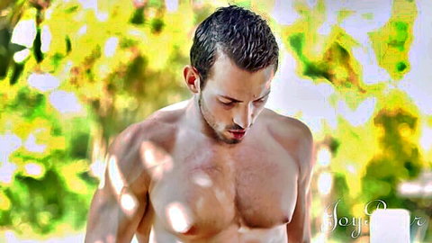 Muscular shirtless man poolside in Alexa Tomas JoyBear sex scene