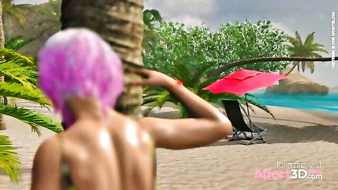 3D CGI pink-haired babe in tiny green thong bikini poses on beach showing juicy bare ass cheeks