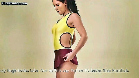 Polina in yellow cutout swimsuit and maroon skirt, athletic side pose
