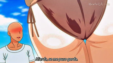 Surprised bald anime man eyes curvy brown-skinned hentai woman's big ass in bikini