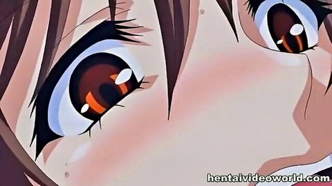 Aroused anime girl with red eyes and brown hair in sexy hentai masturbation scene