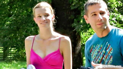 Blonde couple in pink dress and blue shirt outdoors, bird watching turns to hot pussy pounding