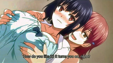 Busty hentai schoolgirls in teasing embrace, exposing breasts in uniform