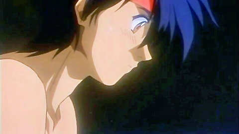 Blushing blue-haired anime girl with red headband in surprised close-up