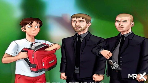 Anime boy in red shorts holds open red backpack confronted by suited men one pointing gun