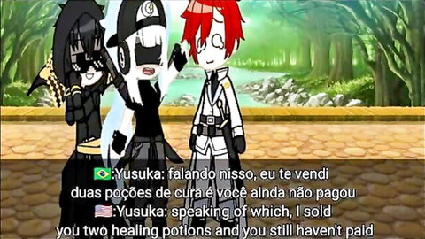 Playful cartoon ninjas arguing over unpaid healing potions outdoors