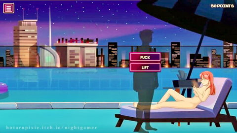 Nude redhead anime babe lounging naked by pool with silhouette man and fuck button