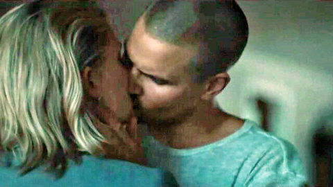 Ellen Dorrit Petersen kissing younger man in intimate scene