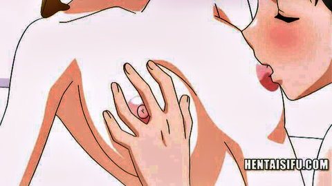 Anime hentai boy embraced by stepsister in intimate kiss and touch