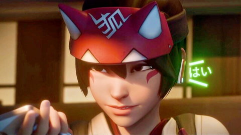 Kiriko in fox mask and shrine maiden outfit, teasing smile, Overwatch cosplay
