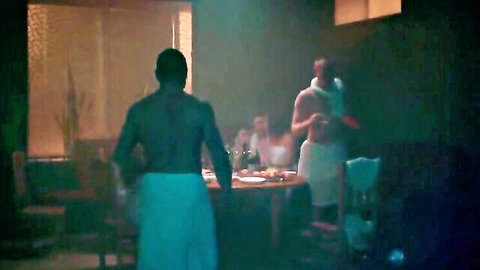 Alina Zievakova nude tits in Rhino (2021) movie dinner scene with shirtless men