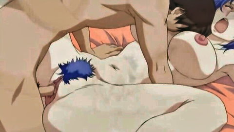Blue-haired hentai girl with big tits in doggy-style penetration