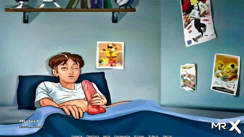 Animated teen guy from Summertime Saga masturbating with pink dildo in bed