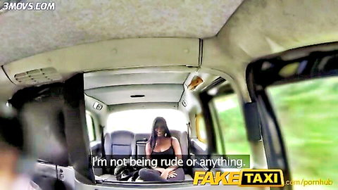 Exotic dancer in taxi with blindfold teases cleavage