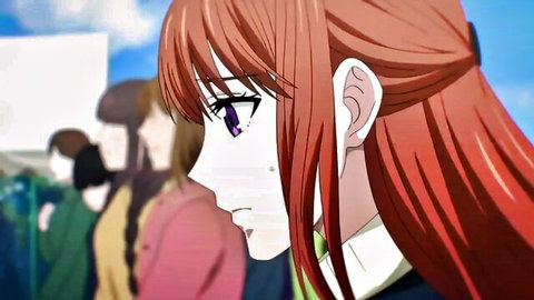 Red-haired anime schoolgirl in uniform with teary eyes, emotional hentai scene