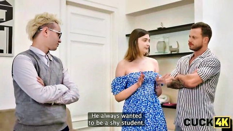 Brunette in blue off-shoulder dress teases two men in cuckold shy student roleplay