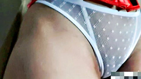 Arab woman in sheer white lace panties teasing cameltoe pussy outline closeup