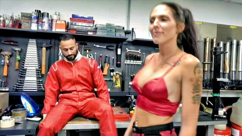 Tattooed brunette in red lingerie seduces mechanic in garage