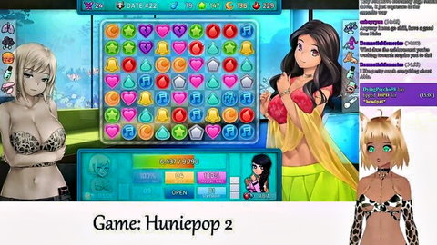Busty anime gamer girls with huge tits in skimpy leopard bikinis play HuniePop 2 match-3 game