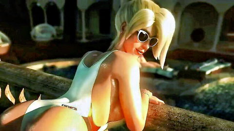 Blonde Overwatch character in revealing white swimsuit, poolside ass pose