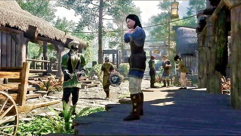 3D animated fantasy woman in blue dress surrounded by medieval armored men