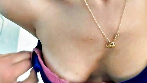 Hot maid flashing big tits in sexy purple uniform, handcuff necklace