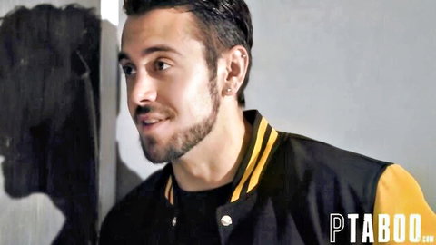 Handsome bearded man in black varsity jacket, adult video promo