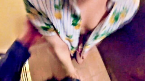Busty European woman in open floral dress exposed breasts with neighbor grope