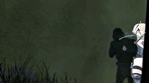 Blonde anime girl in tactical gear sneaking with shadowy figure in Metal Gear lewd parody