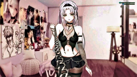Anime goth girl with long white hair in skimpy black chain lingerie holds leash dominantly in bedroom