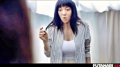Asian futanari babe with big tits in striped blazer and bangs, seductive pose