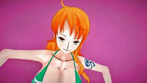 Seductive futanari Nami in green bikini, orange hair, big tits anime POV tease