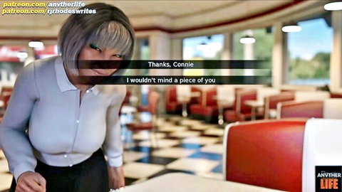Blonde waitress Connie in tight white blouse flirting seductively