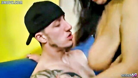 Passionate couple with big tits exposure and intimate face contact in squirt orgasm scene