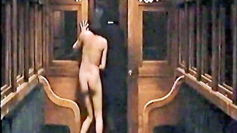 Nude oriental brunette lesbian posing in train carriage