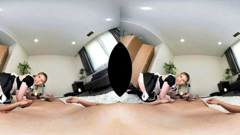 Blonde maid in VR POV doggy style sex, smiling back in stockings