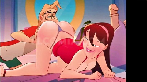 Animated redhead in red dress bent over for doggy style penetration
