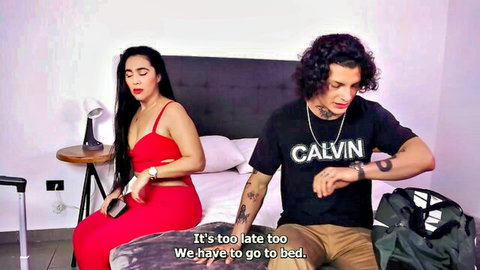 Curvy Latina stepmom in red dress shares hotel bed with tattooed stepson