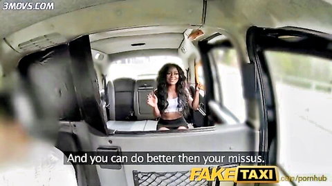 Jasmine Webb teases in Fake Taxi back seat, ebony beauty in crop top and shorts
