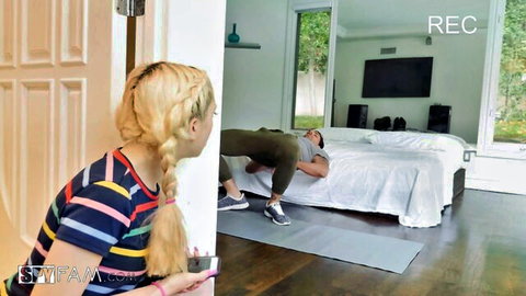 Jane Wilde spying on stepdad resting after gym in voyeur bedroom scene