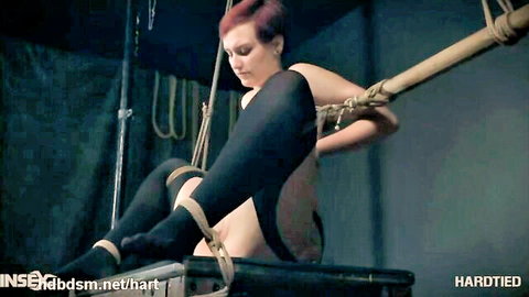 Short-haired redhead bound in ropes, topless in black stockings BDSM
