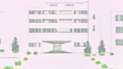 Modern white building facade with horizontal windows, central glass entrance, and flanking trees in pink tint.