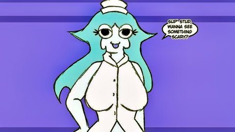 Busty anime nurse with huge green-haired tits teasing viewer in Boobinsky